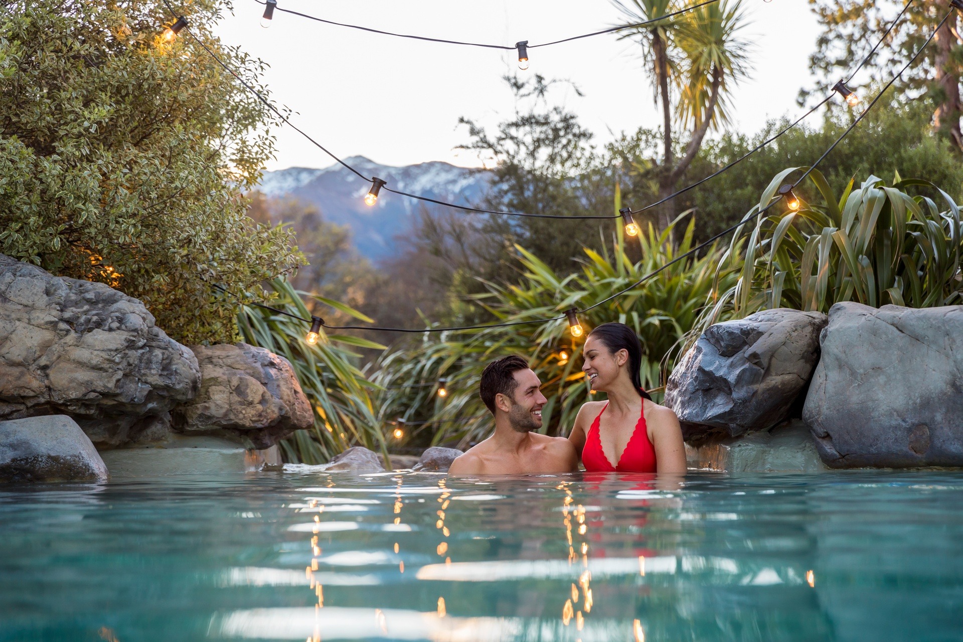 Couple enjoying at Hanmer Springs, Canterbury in New Zealand