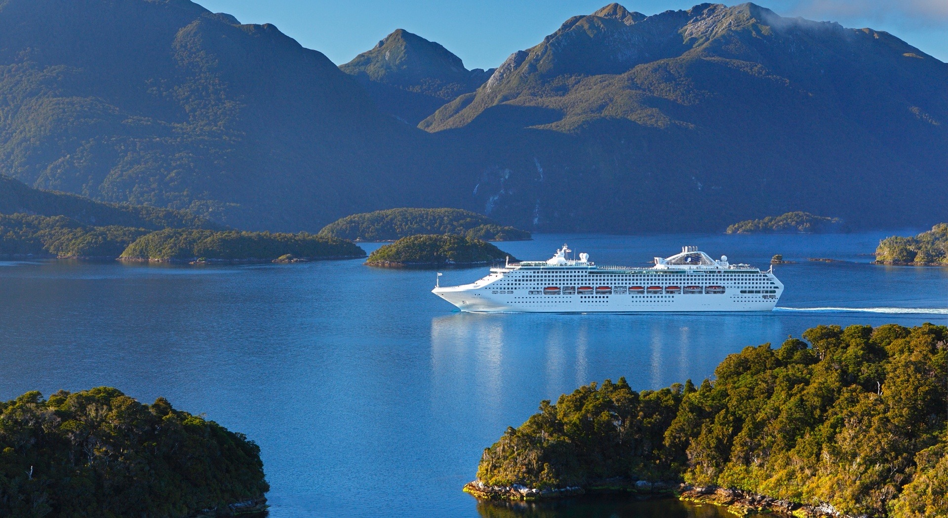 Cruise ship in remote Dusky Sound, Fiordland National Park